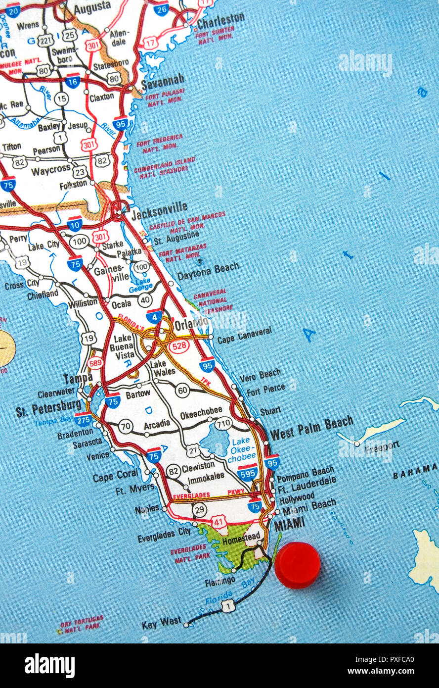 Mappa di stato della Florida con Miami identificati con un punto rosso Foto Stock