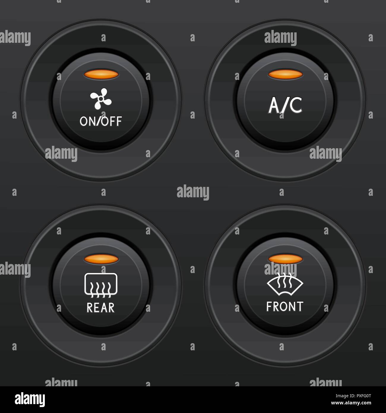 Il condizionatore d'aria i pulsanti impostati. Cruscotto di automobile elementi neri Illustrazione Vettoriale