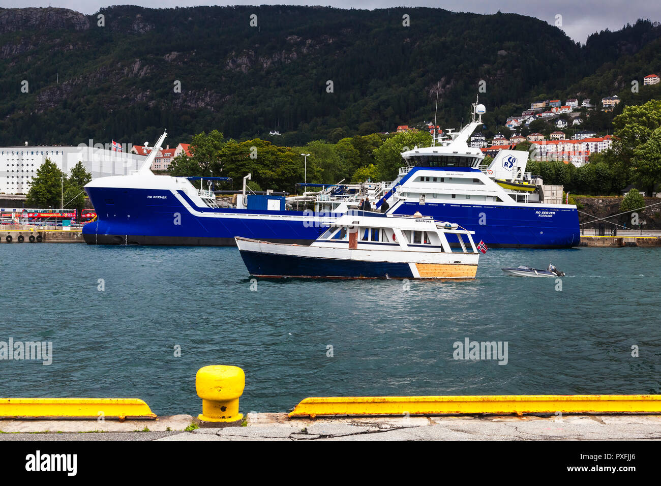 Privata di piccole dimensioni nave passeggeri Albatross di fronte al grande e moderno di pesce operatore cargo ro Server, a Festningskaien nel porto di Bergen, Norvegia. Foto Stock