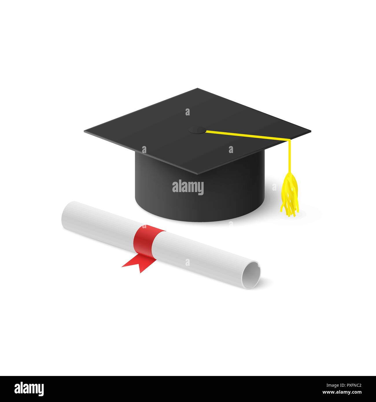 Graduazione realistico hat e diploma di laminati con nastro rosso. Illustrazione di vettore isolato su sfondo bianco Illustrazione Vettoriale
