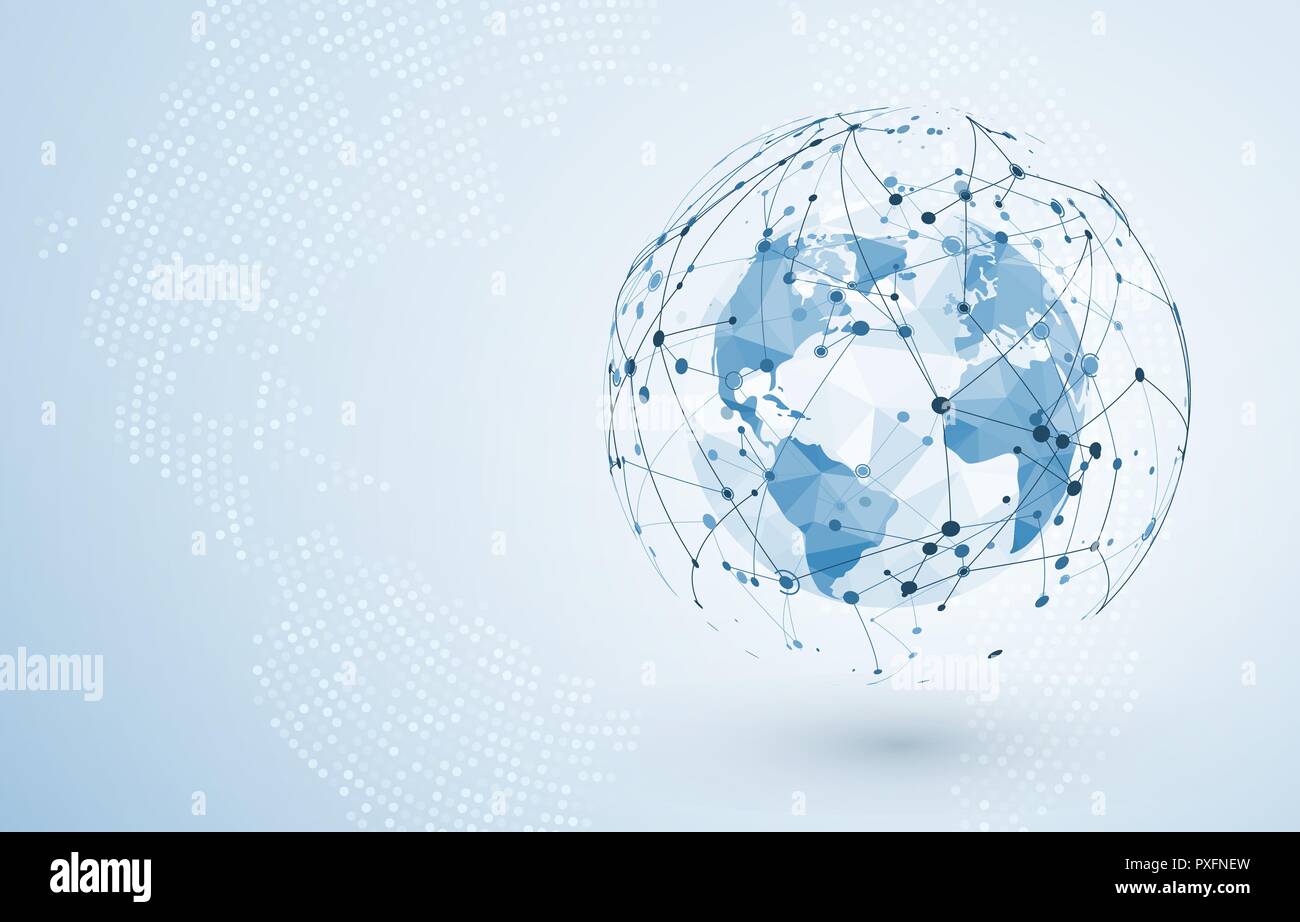 Rete globale di connessione. Dati di grandi dimensioni o sociale globale di connessione di rete. Bassa poligonale mappa Mondo punto e linea di concetto di business a livello globale. Mal di vettore Illustrazione Vettoriale