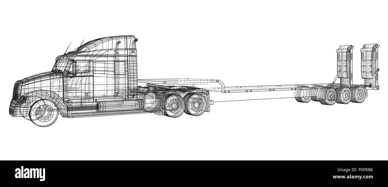 Letto basso camion rimorchio. Filo-telaio. EPS10 formato. Vettore creati di 3d. Illustrazione Vettoriale