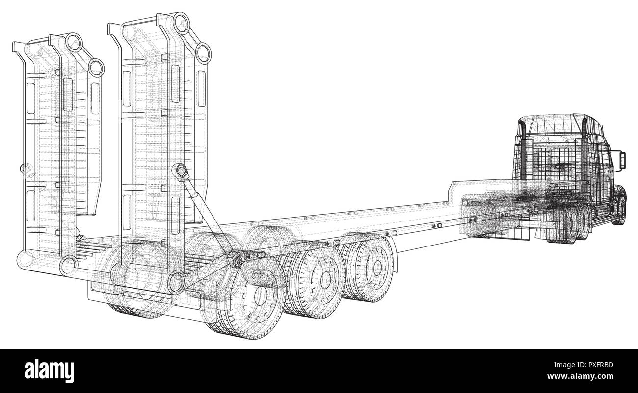 Consegna auto Semi camion rimorchio. Filo-telaio. EPS10 formato. Vettore di rendering 3D Illustrazione Vettoriale