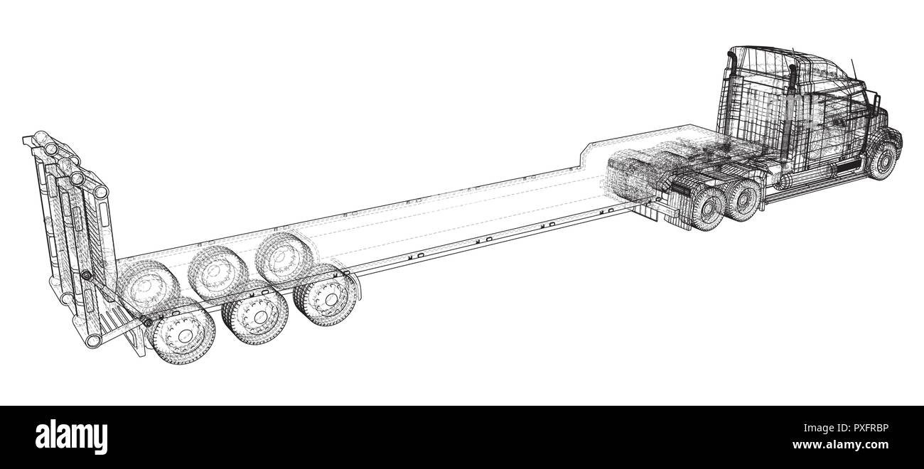 Letto basso camion rimorchio. Filo-telaio. EPS10 formato. Vettore di rendering 3D Illustrazione Vettoriale
