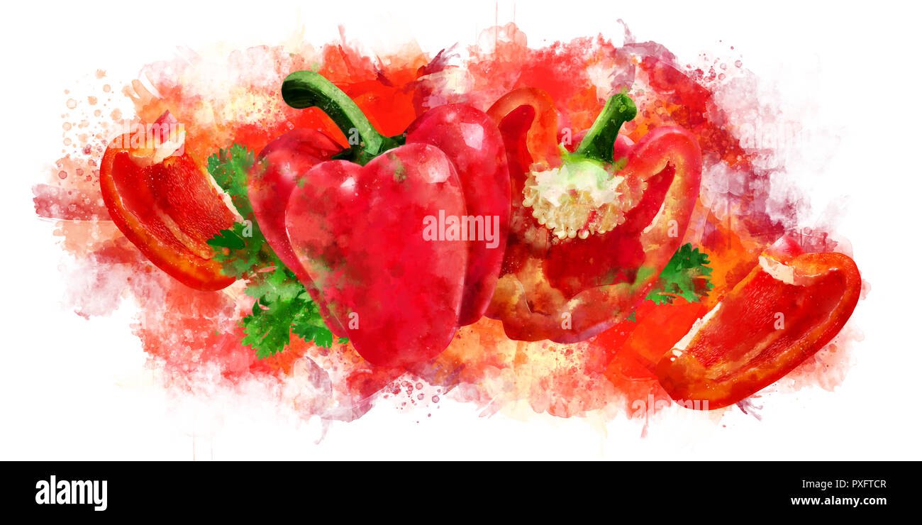 Peperone rosso su sfondo bianco. Illustrazione ad acquerello Foto Stock