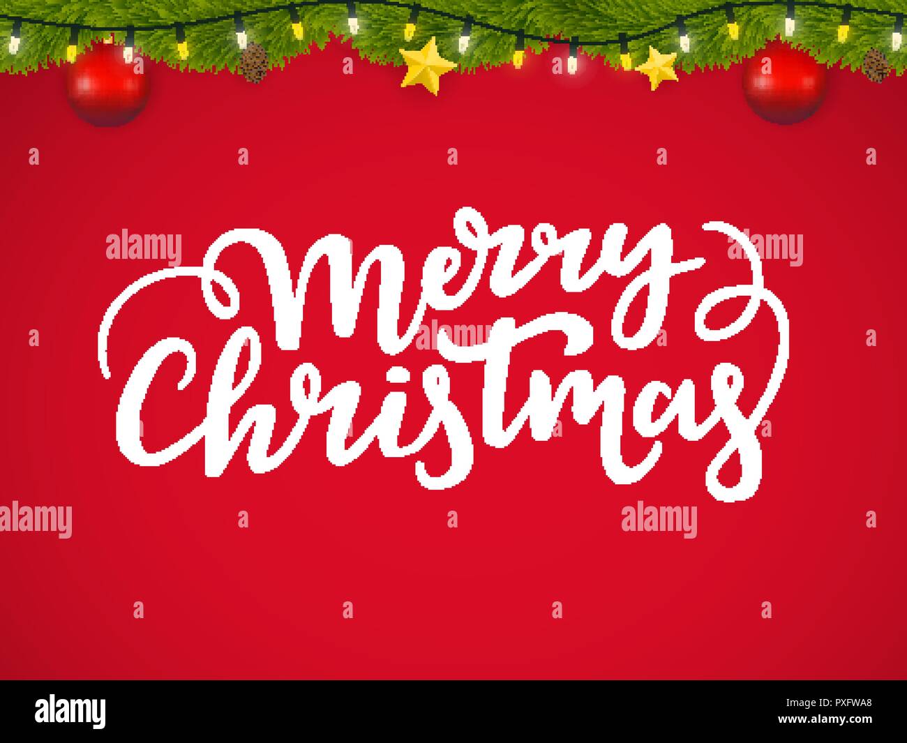Auguri di Natale carta con scritte e festosa ghirlanda di conifere Illustrazione Vettoriale