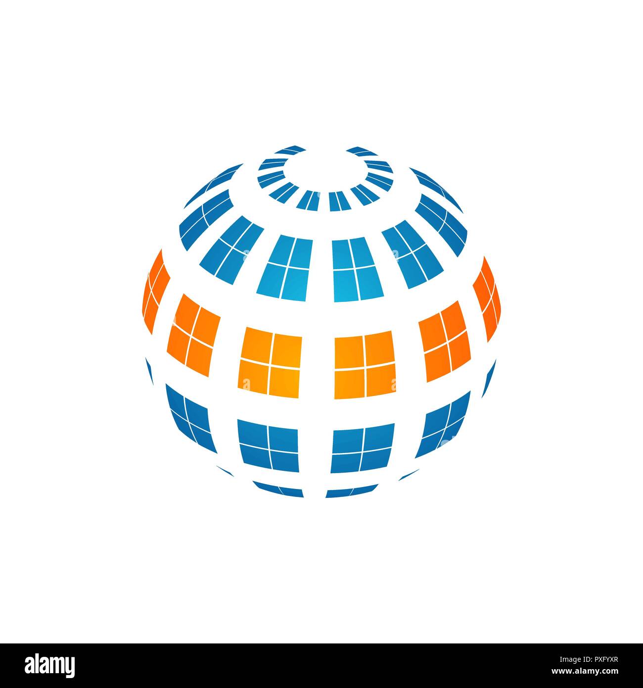 Sfera logo terra modello. Segno del globo con blu e arancione Illustrazione Vettoriale