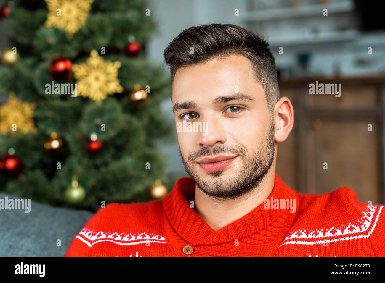 Ritratto di uomo bello guardare camer e seduto sul divano vicino a albero di Natale a casa Foto Stock