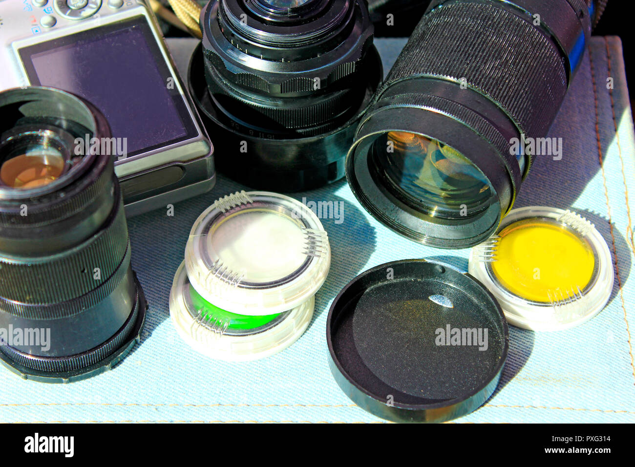 Obiettivo fotografico photofilters e altri accessori fotografici. Photoalbum. Retrò obiettivi foto Foto Stock