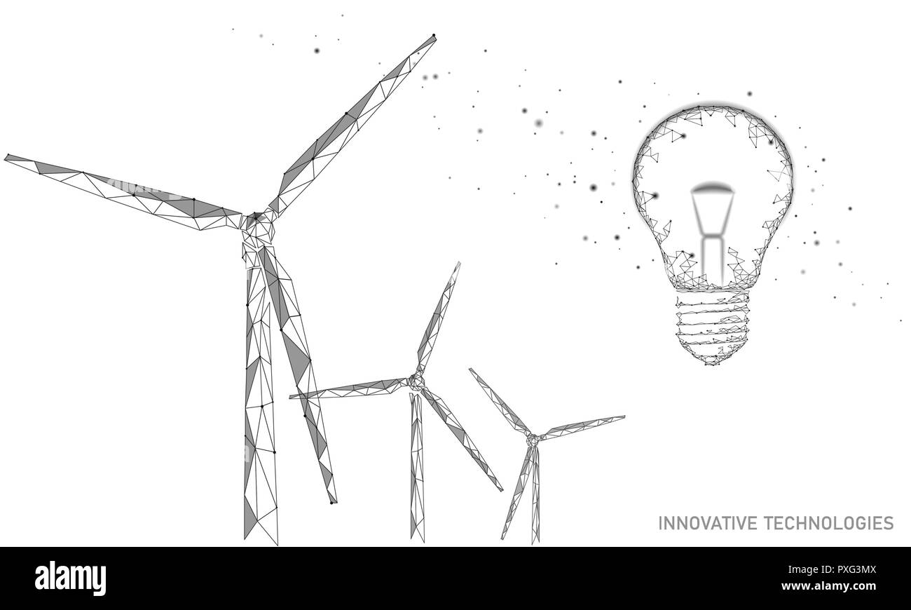 Lampadina della luce di mulini a vento idea concetto aziendale. Ecologia Ambiente salva il vento energia verde energia sostenibile. Eco pianeta globale soluzione. Bassa bianco poli poligonale 3D triangolo illustrazione vettoriale arte Illustrazione Vettoriale