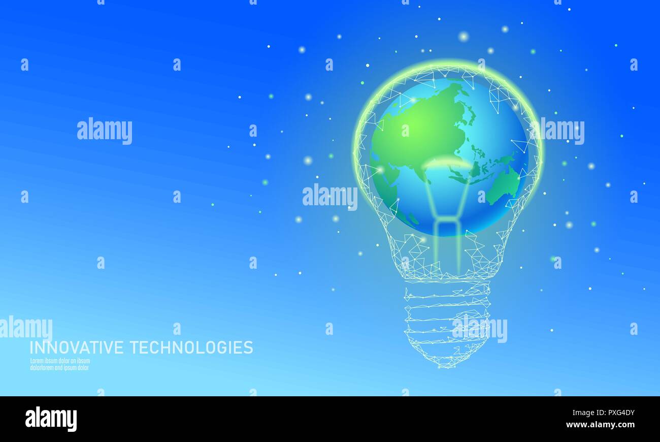 Mondo Earth Hour lampadina concetto. Poligonale spazio notte stella blu cielo basso poli lampada planet mappa del globo eco salvare ecologia ambiente energia elettrica energia verde power banner illustrazione vettoriale arte Illustrazione Vettoriale