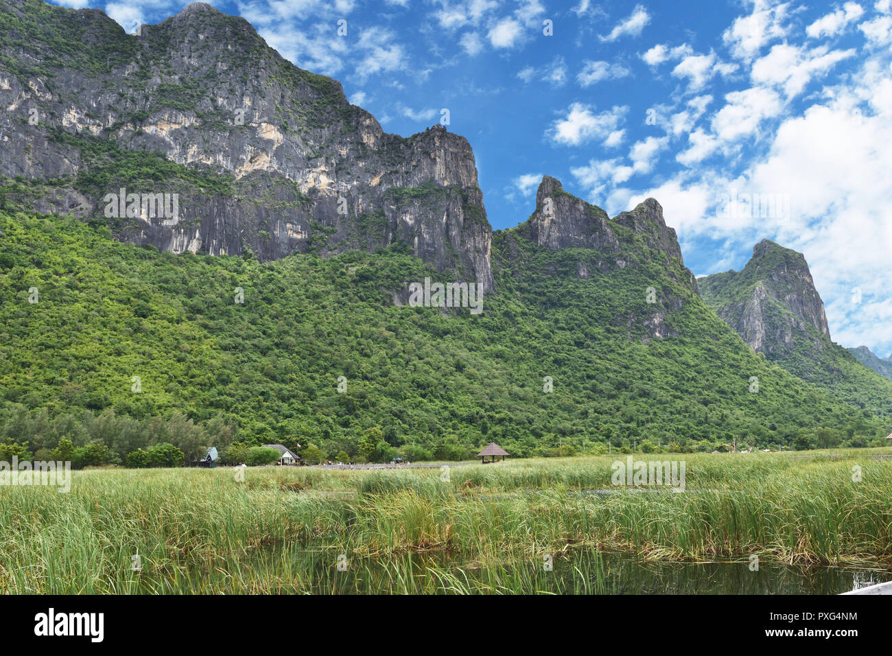 Altocumulus formazioni di nubi sul cielo tropicale , montagna di calcare sulla zona umida riempito con piante verdi , Khao Sam Roi Yot National Park, Thailandia Foto Stock