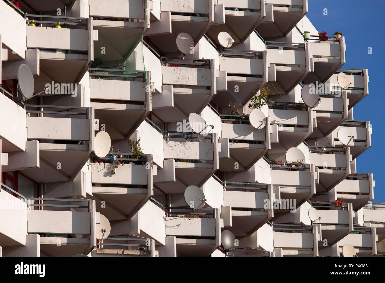 Edifici ad alta nel distretto di Chorweiler, parabole satellitari, Colonia, Germania. Hochhaeuser im Stadtteil Chorweiler, Satellitenschuesseln, Koeln, Foto Stock