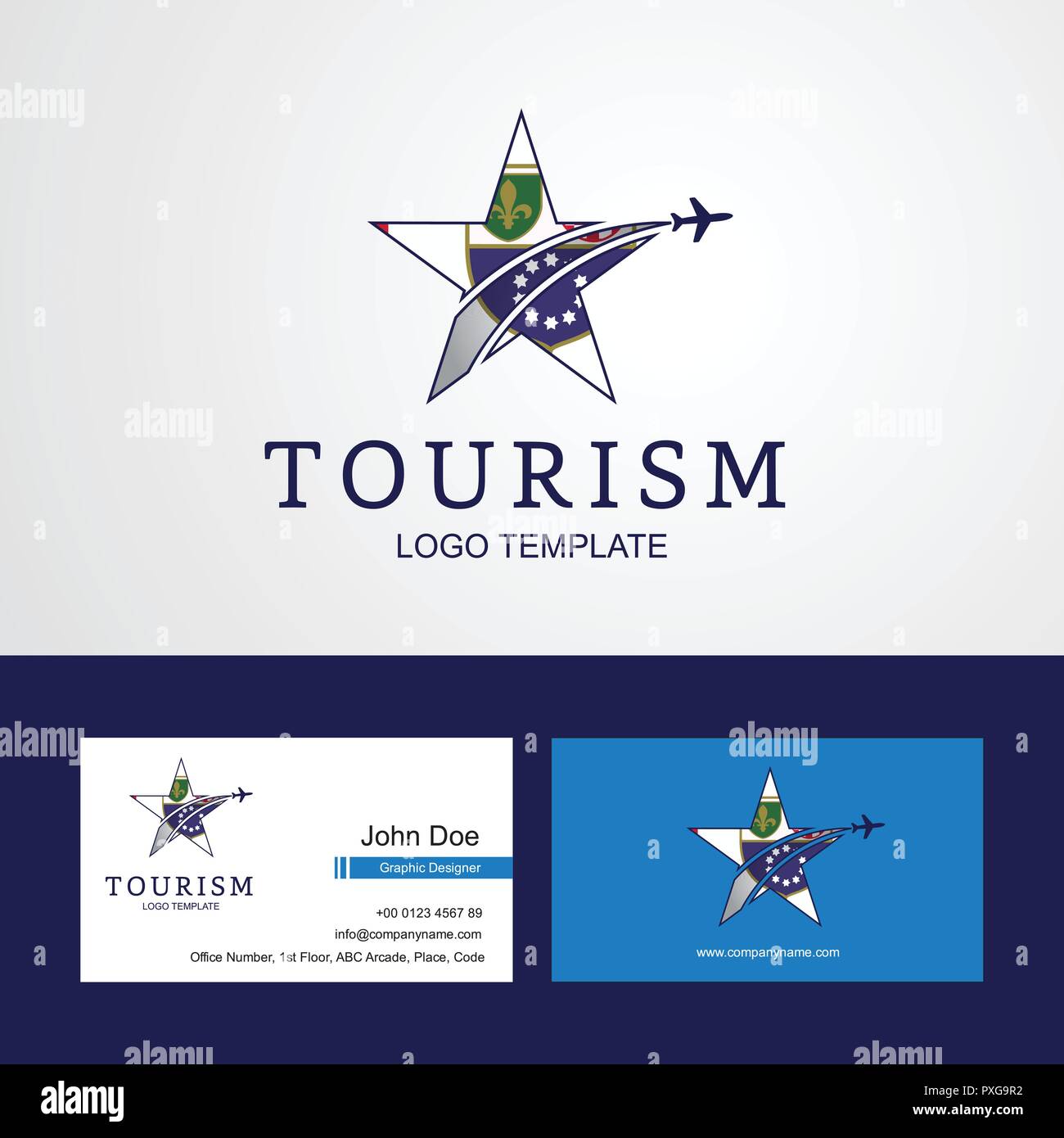 Viaggiare in Bosnia e Erzegovina bandiera Creative logo Star e business card design Illustrazione Vettoriale