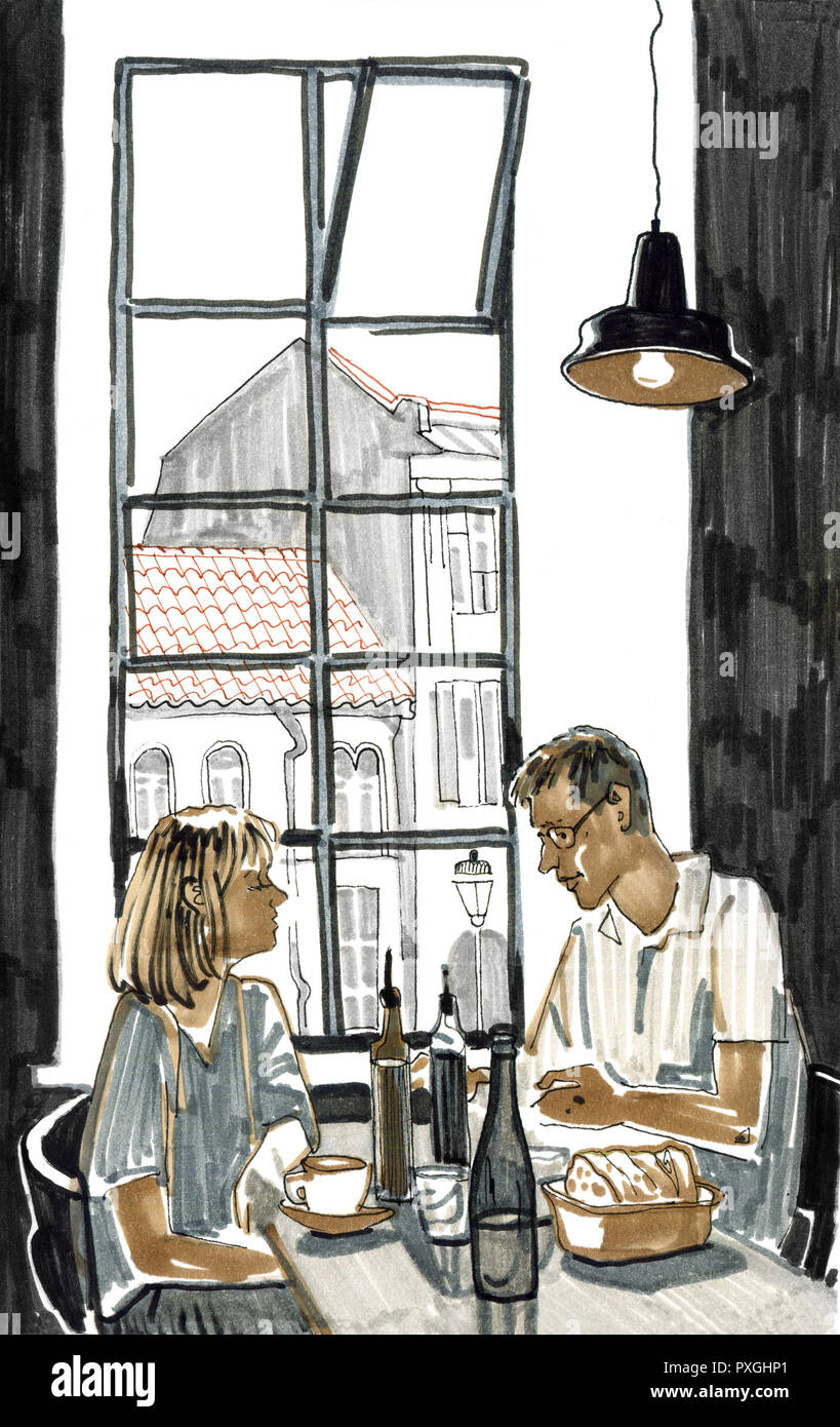 Giovane a pranzo in un ristorante dalla finestra con una vista della città. Disegnata a mano carino stile sketchy pennarello illustrazione. Foto Stock