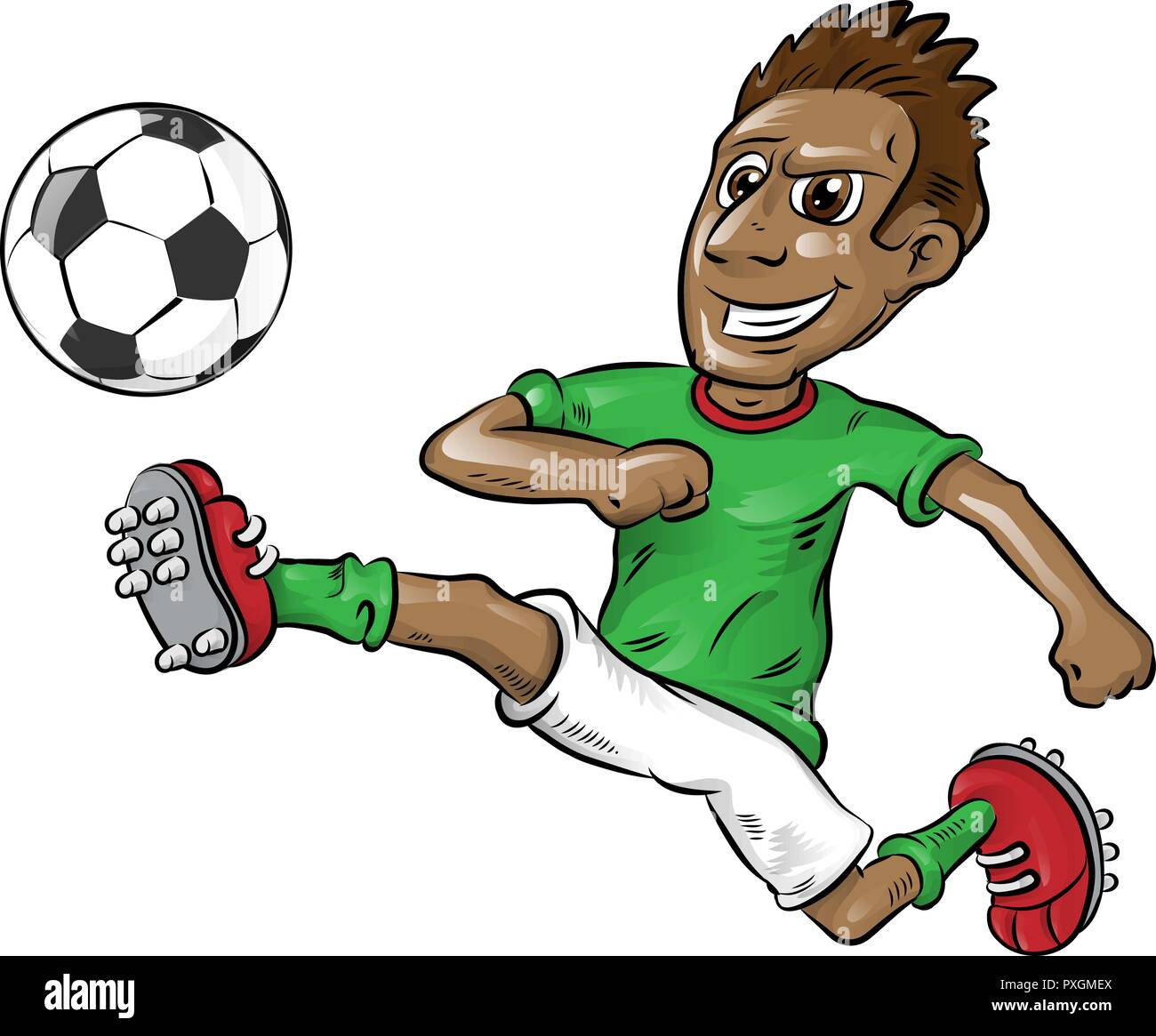Divertimento calcio nigeriana player cartoon isolato su bianco Illustrazione Vettoriale