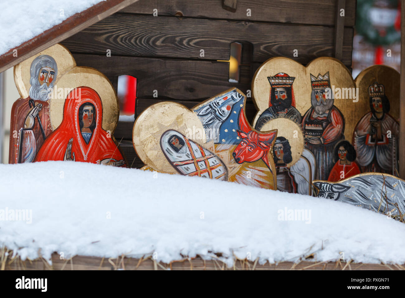 Rappresentazione della nascita di Cristo. Ucraina, Lviiv, 22 gennaio 2018. Le facce sono dipinti in stile folk. Shopka Natale. Foto Stock