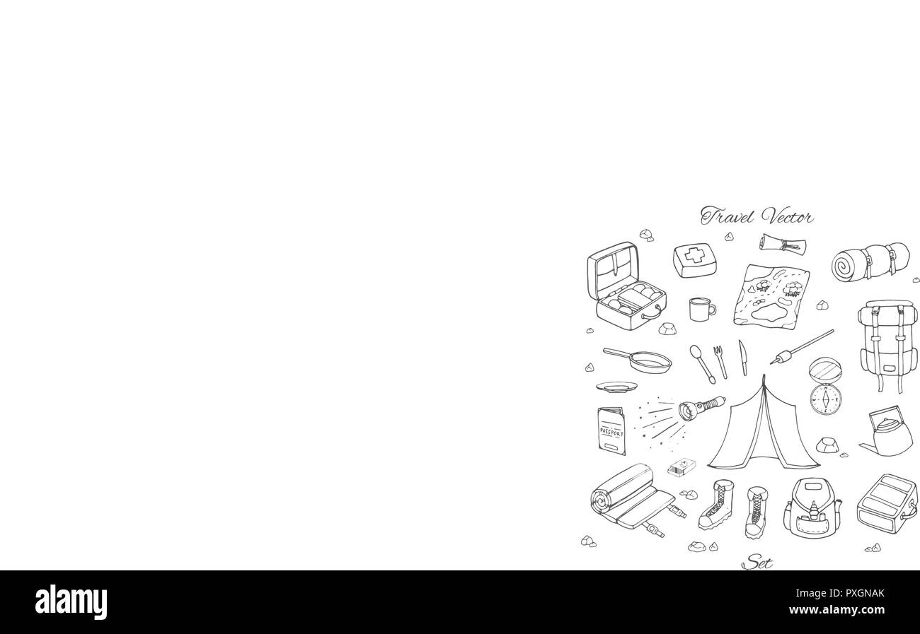 Disegnata a mano vector set da campeggio con tenda, torcia, mappa, kit di primo soccorso, borse, zaini e sacco a pelo contorno. I contorni di viaggio isolato di raccolta Illustrazione Vettoriale