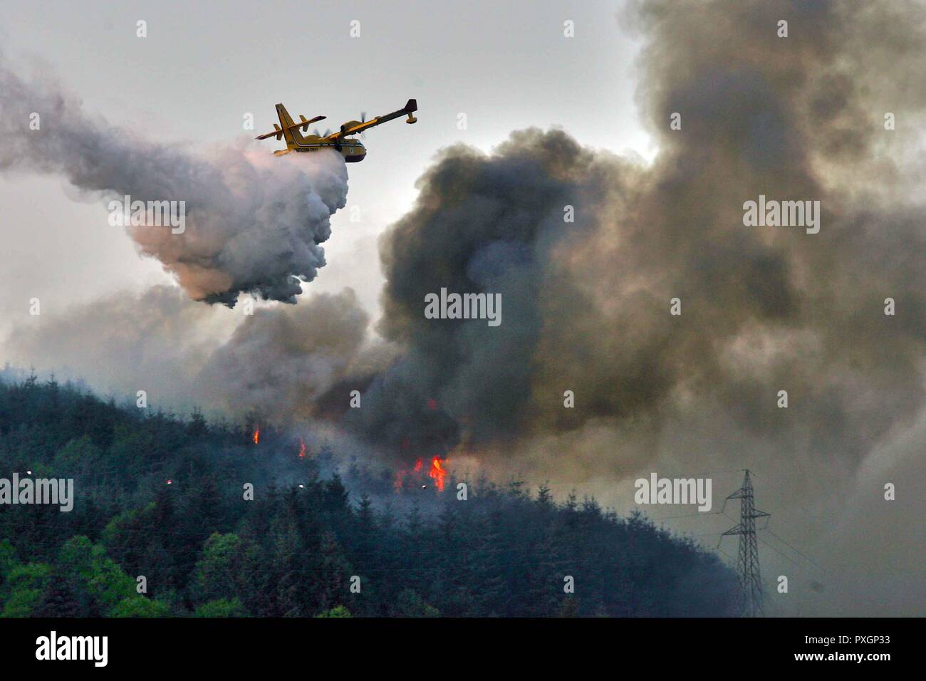 Pollino montagna nel fuoco come pure l'aria di emergenza gli sforzi per estinguere l. Un incendio fighter aircraft chiamato Canadair combattendo per spegnere un incendio tha Foto Stock