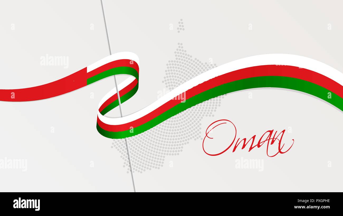 Illustrazione Vettoriale di astratta radiale halftone punteggiata Mappa di Oman e nastro ondulato con Omani bandiera nazionale dei colori per la vostra scheda grafica e web design Illustrazione Vettoriale