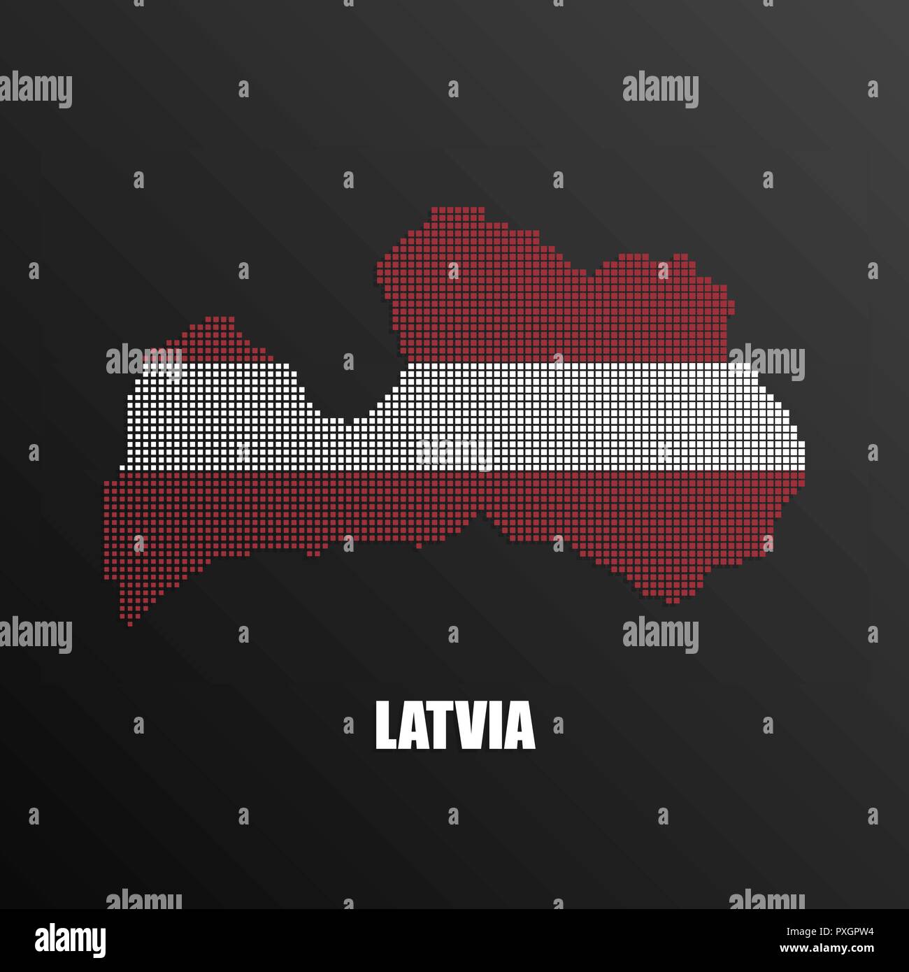 Illustrazione Vettoriale di mezzitoni astratta mappa della Lettonia fatta di pixel quadrati con nazionale lettone di colori di bandiera per la tua progettazione grafica e web Illustrazione Vettoriale