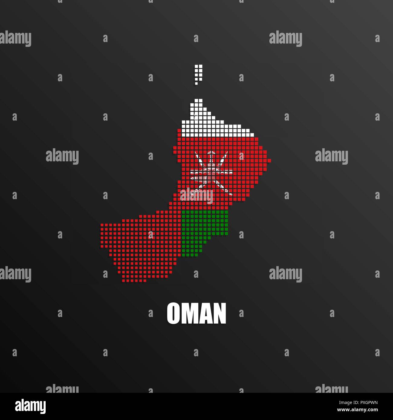 Illustrazione Vettoriale di mezzitoni astratta Mappa di Oman fatta di pixel quadrati con Omani bandiera nazionale dei colori per la vostra scheda grafica e web design Illustrazione Vettoriale