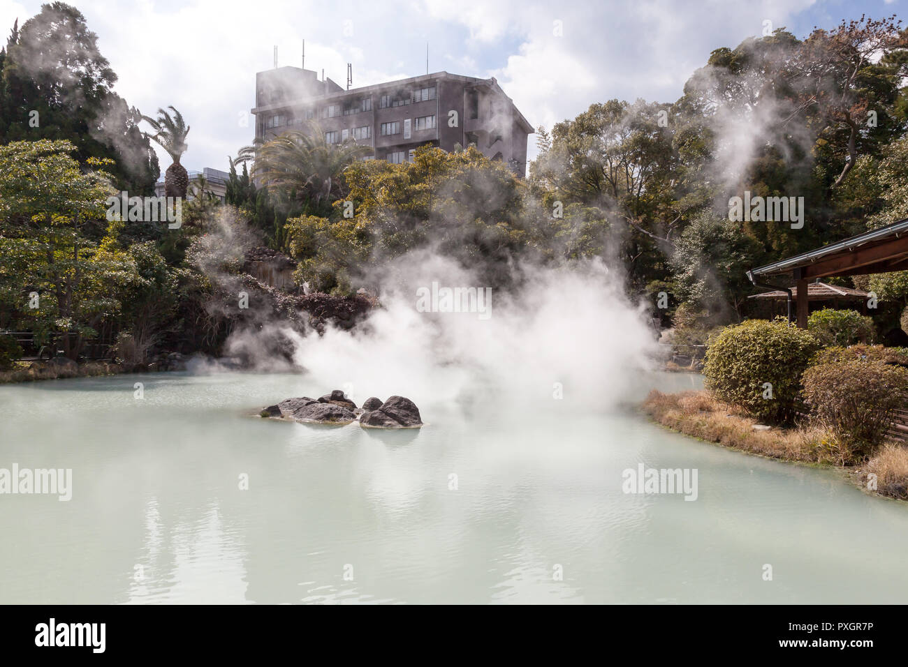 Jigoku Shiraike (bianco stagno Inferno) è una delle attrazioni turistiche che rappresentano i vari hells a Beppu Onsen, Oita, Giappone. Foto Stock Jigoku Shiraike (bianco stagno Inferno) è una delle attrazioni turistiche che rappresentano i vari hells a Beppu Onsen, Oita, Giappone. Foto Stock
