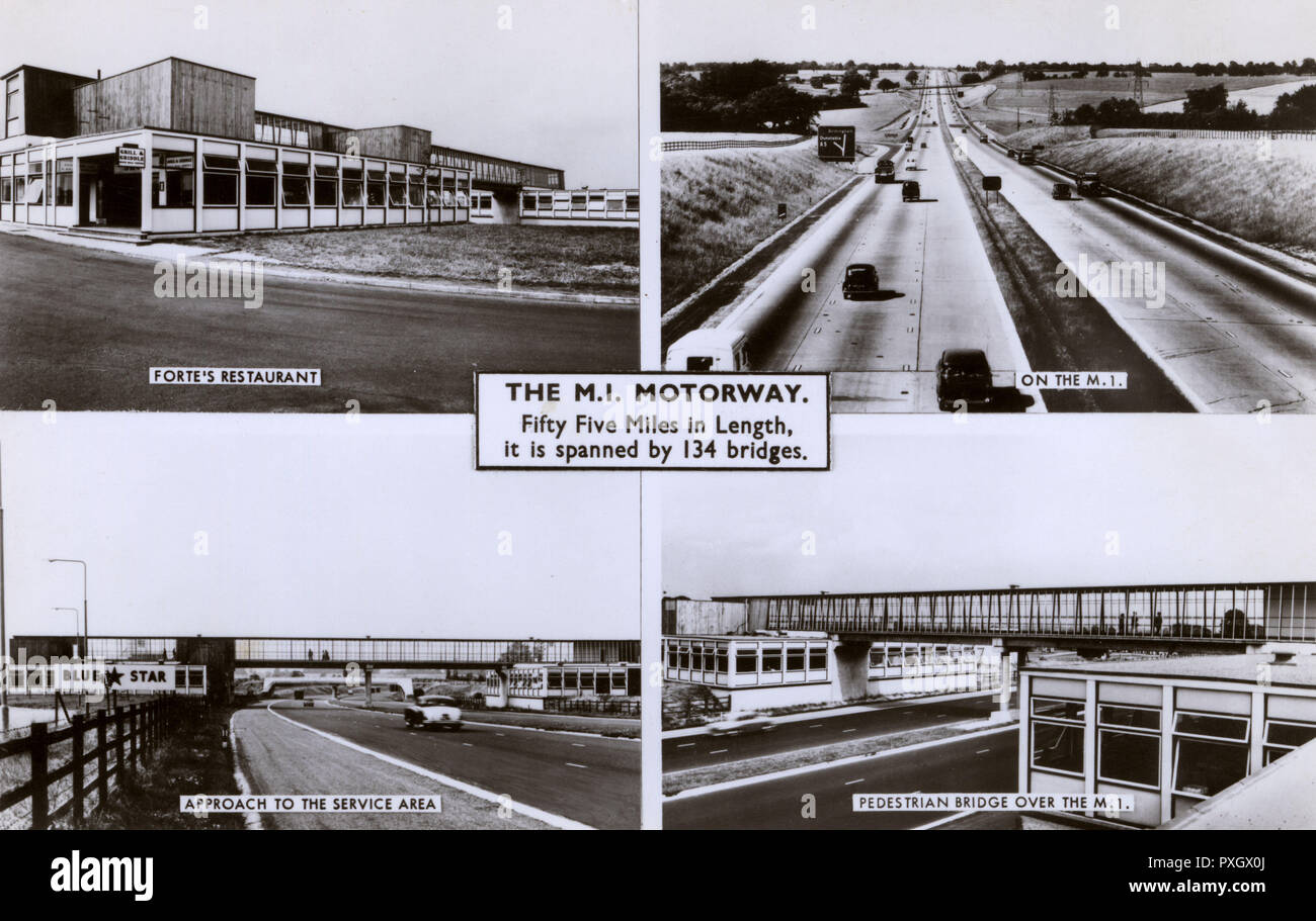 La prima sezione dell'autostrada M1 (55 miglia in lunghezza, coperta da 134 ponti) - 3 stazioni di servizio (Forte del ristorante dell'albergo, una area di servizio approccio e di un ponte pedonale in corrispondenza di una stazione di servizio) e turn-off per la A5 a Dunstable! La M1 aperto nel 1958 Data: circa 1959 Foto Stock