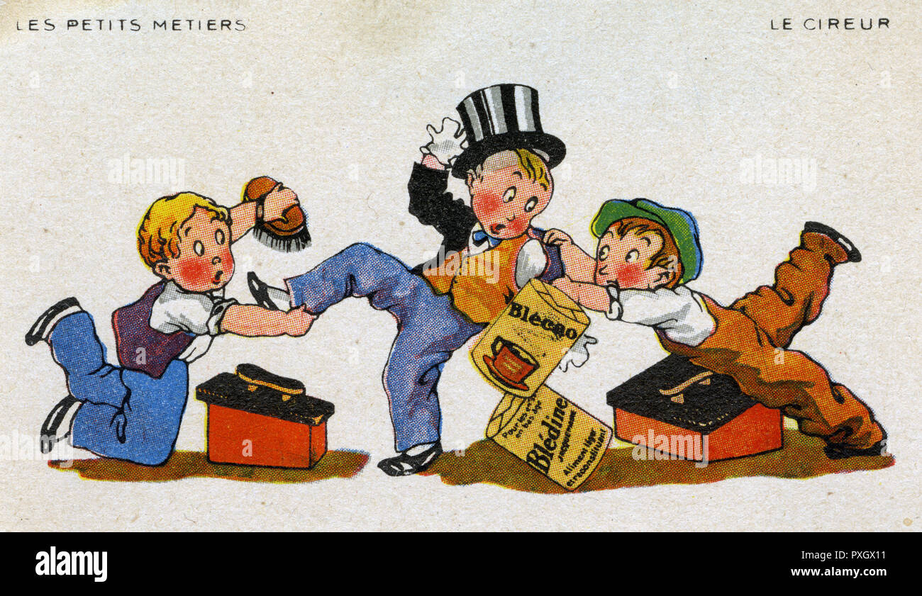 Due ragazzi di Shoeshine che combattono contro un potenziale cliente Foto Stock