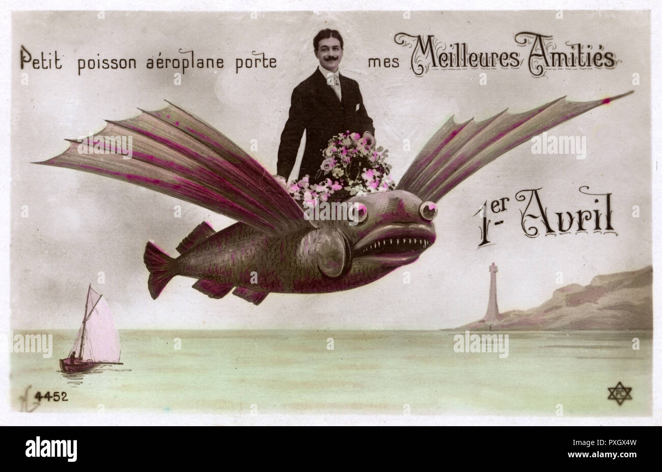 Carta francese degli sciocchi di aprile - Aeroplano Flying Fish Foto Stock