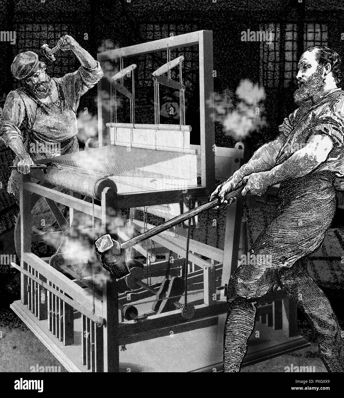 Luddisti smash macchine di tessitura in un Nottingham fabbrica tessile. I Luddisti erano un movimento del gruppo radicale di inglese lavoratori tessili e tessitori nei primi anni del XIX secolo che ha distrutto macchine di tessitura come forma di protesta. Il gruppo è stata la protesta della utilizzazione delle macchine in un "fraudolenta e modo fallace" per ottenere standard circa le pratiche di lavoro. Il gruppo temeva il tempo speso per imparare le abilità del loro mestiere sarebbe andare ai rifiuti come macchine potrebbe sostituire il loro ruolo nell'industria. in tempi più recenti, il termine Neo-Luddism è emersa per descrivere opposizione di molte forme di tec Foto Stock