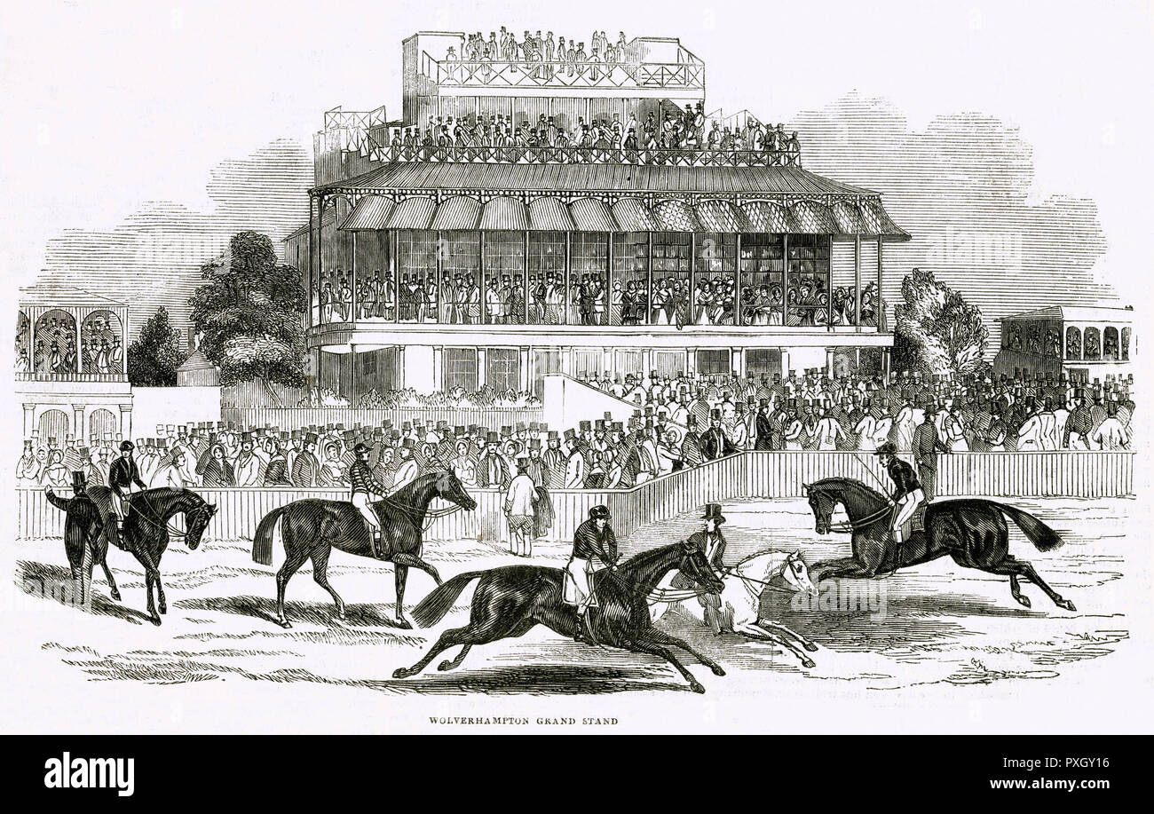 Curiosi a guardare le corse di cavalli dalla tribuna affollata a Wolverhampton Racecourse. Data: 1844 Foto Stock