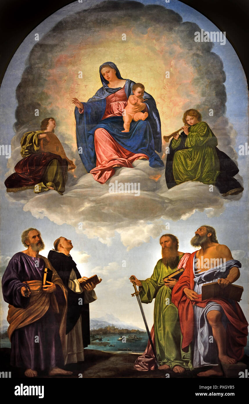 Madonna col Bambino in gloria, due angeli e i santi Pietro e Dominic, Paolo e Girolamo. (Pala Pesaro) 1524 -1526 da Giovanni Gerolamo Savoldo 1480-1548 Italia, italiano. Foto Stock