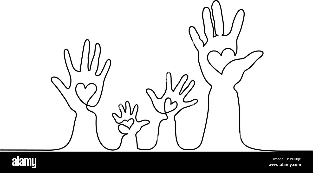 Continuo di un disegno della linea. Famiglia astratta mani tenendo i cuori. Illustrazione Vettoriale Illustrazione Vettoriale