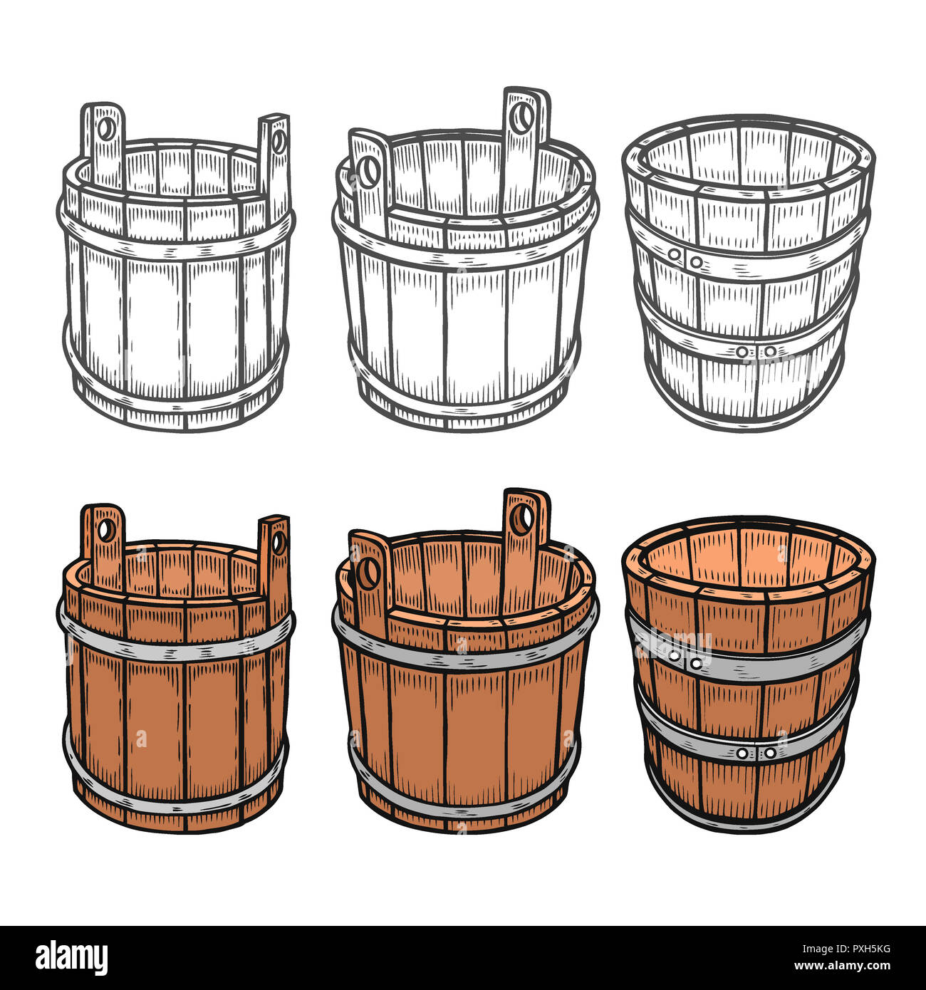 Set di barili di birra vintage modello senza giunture disegnato nella tecnica di incisione. Libro da colorare pagina Foto Stock