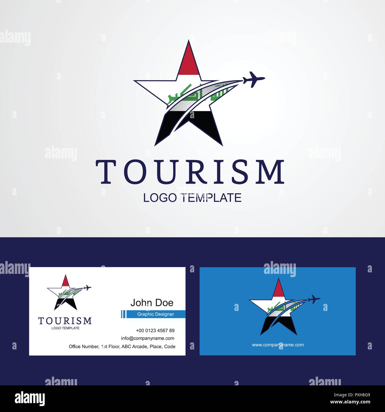 Viaggio bandiera Iraq Creative logo Star e business card design Illustrazione Vettoriale