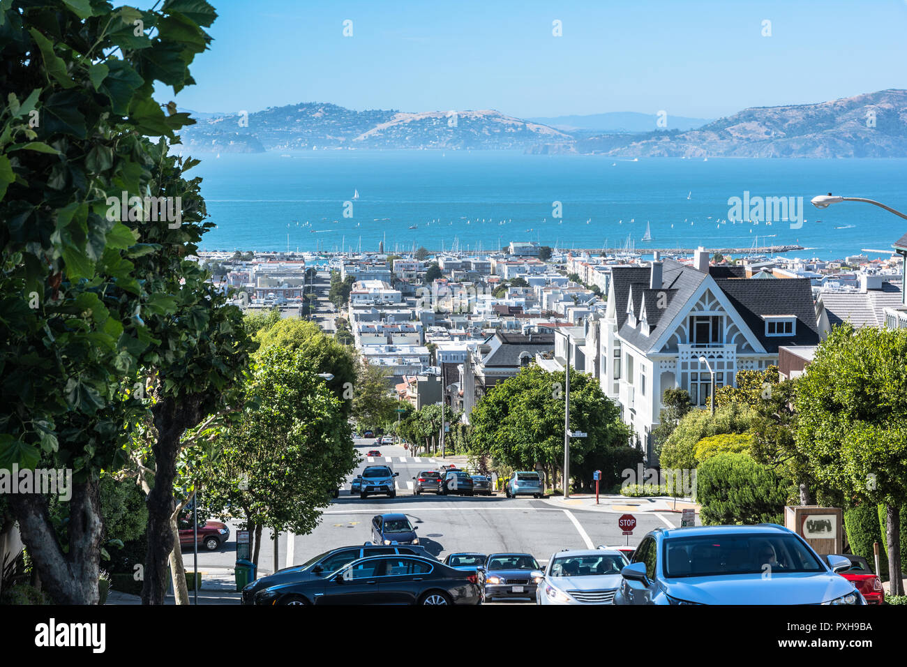 Vista della Baia di San Francisco da Divisadero Street, California Foto Stock
