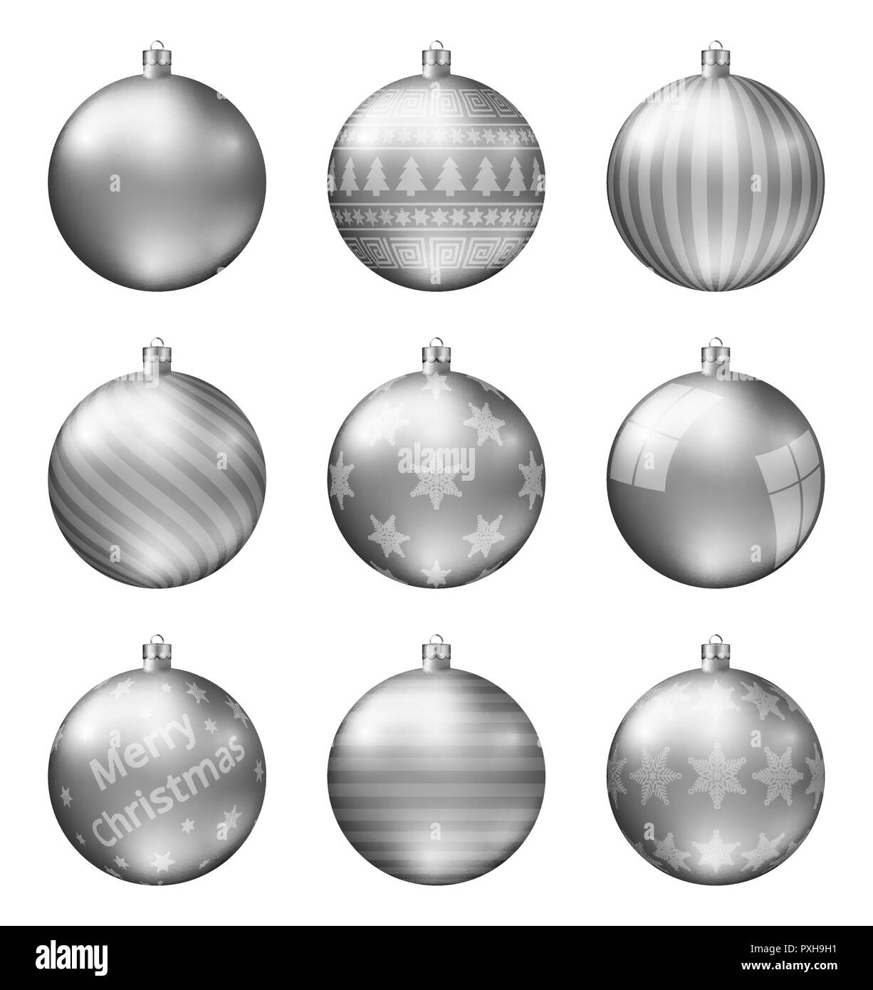Argento palle di Natale isolato su sfondo bianco. Fotorealistica di alta qualità insieme di vettore di baubles di natale. Modello diverso. Illustrazione Vettoriale