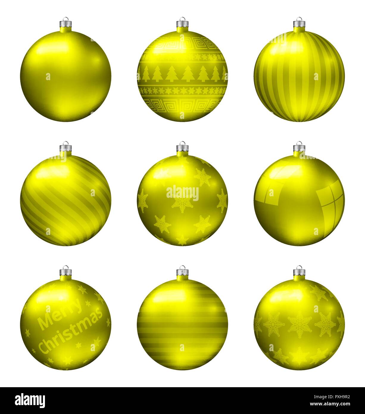 Giallo palle di Natale isolato su sfondo bianco. Fotorealistica di alta qualità insieme di vettore di baubles di natale. Modello diverso. Illustrazione Vettoriale