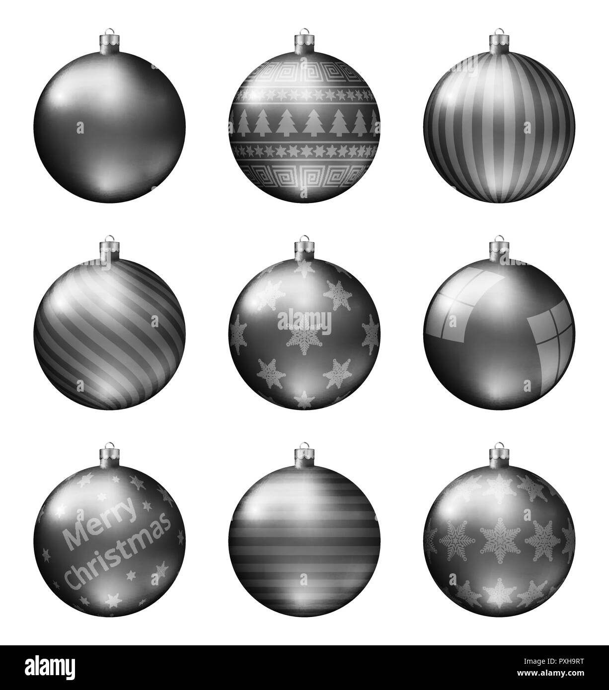 Nero palle di Natale isolato su sfondo bianco. Fotorealistica di alta qualità insieme di vettore di baubles di natale. Modello diverso. Illustrazione Vettoriale