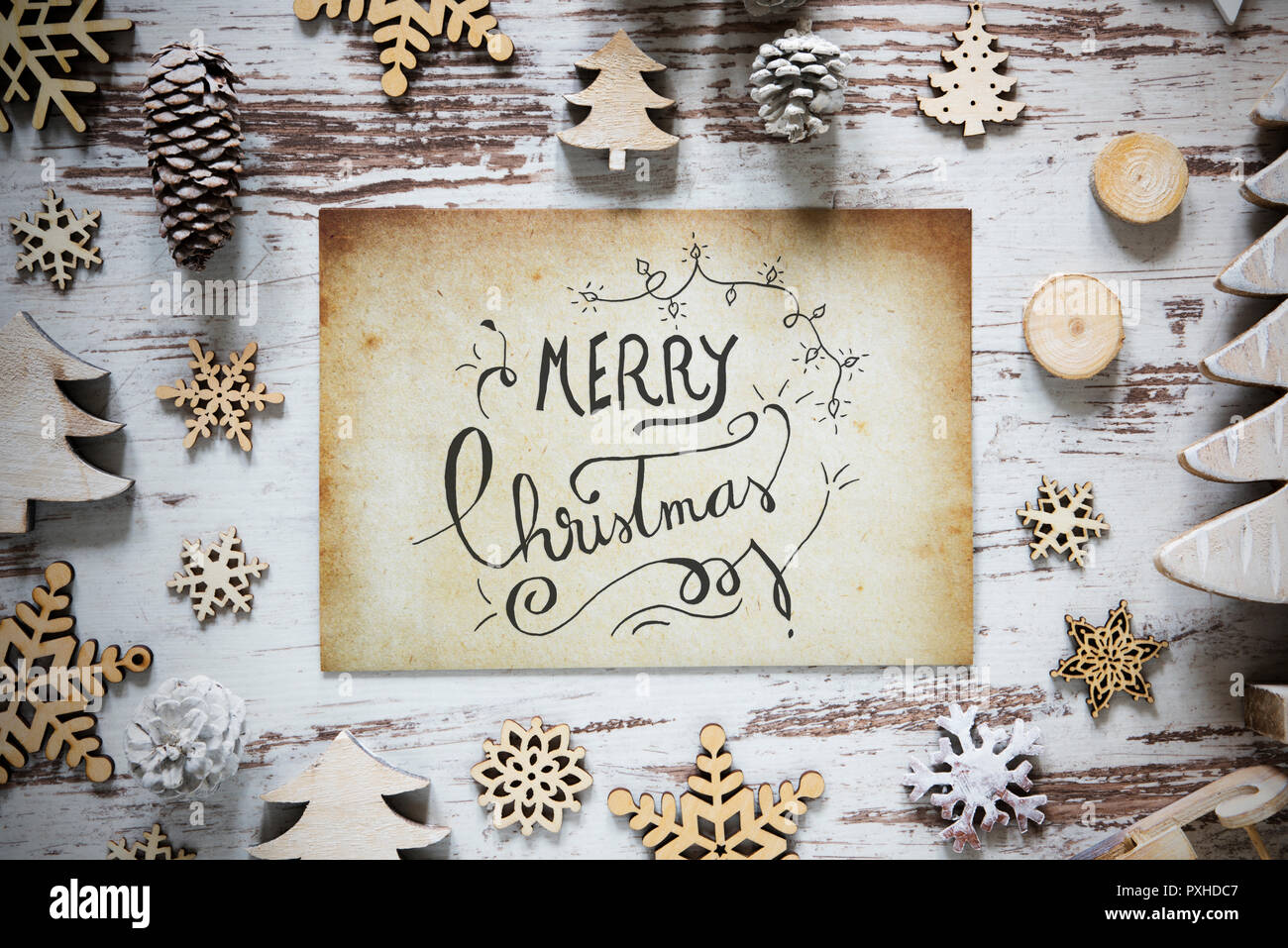 Rustico decorazione di Natale, carta, Calligrafia Buon Natale Foto Stock