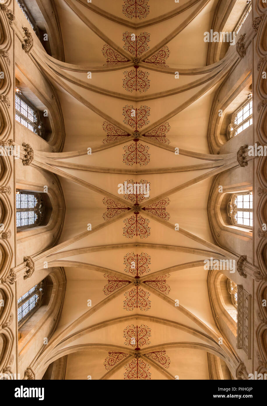 Il soffitto a volta della navata nel medievale del XII secolo Cattedrale di Wells, pozzi, Somerset, Regno Unito Foto Stock