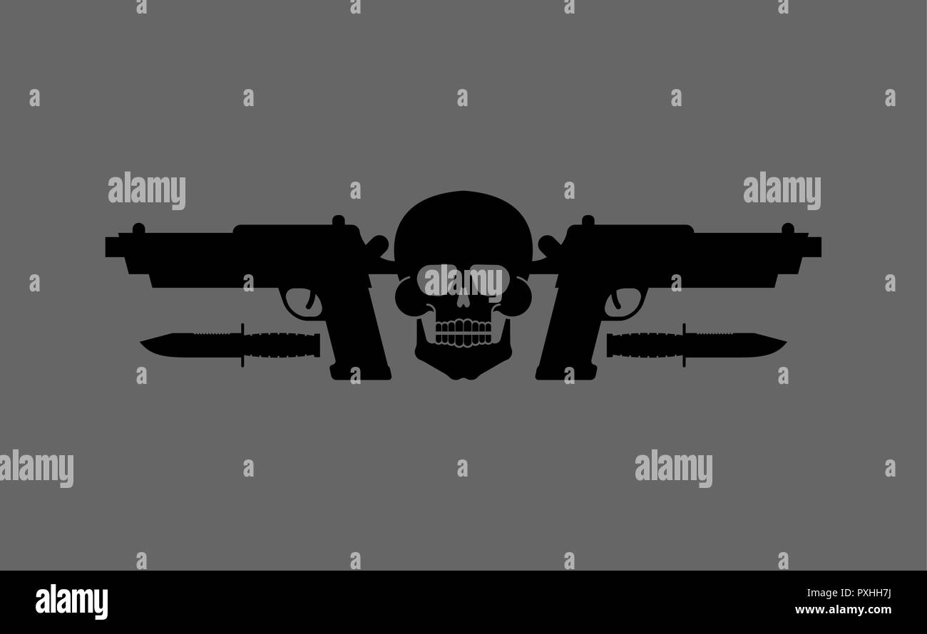 Cranio di pistola e coltello simbolo. Segno dell'esercito. Illustrazione Vettoriale