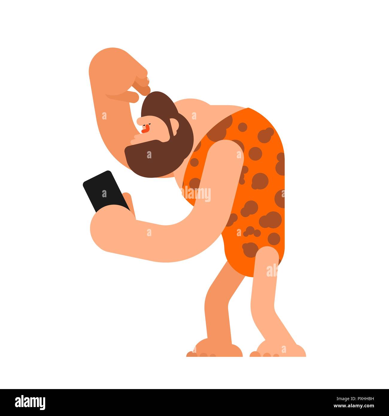 Caveman e Smartphone. L'uomo preistorico e telefono. Antico Gadget Illustrazione Vettoriale