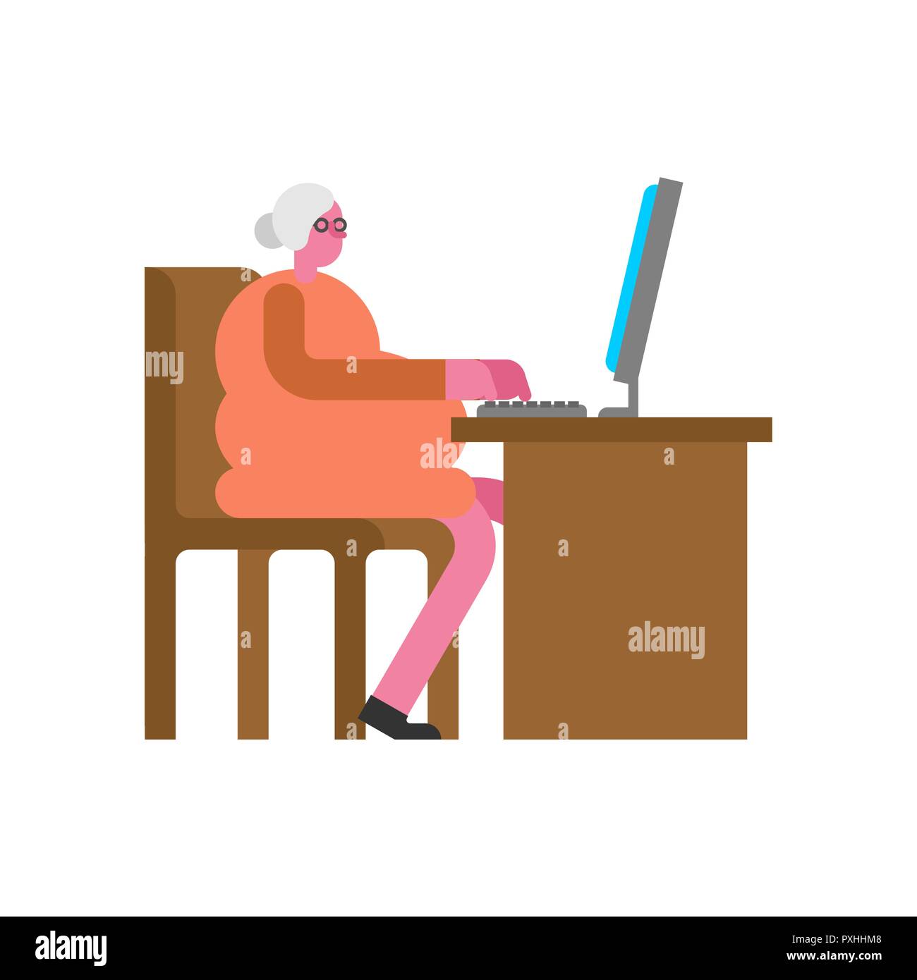 Nonna lavora sul computer. Old Lady e PC. Titolare di pensione o di rendita e laptop. Illustrazione Vettoriale Illustrazione Vettoriale