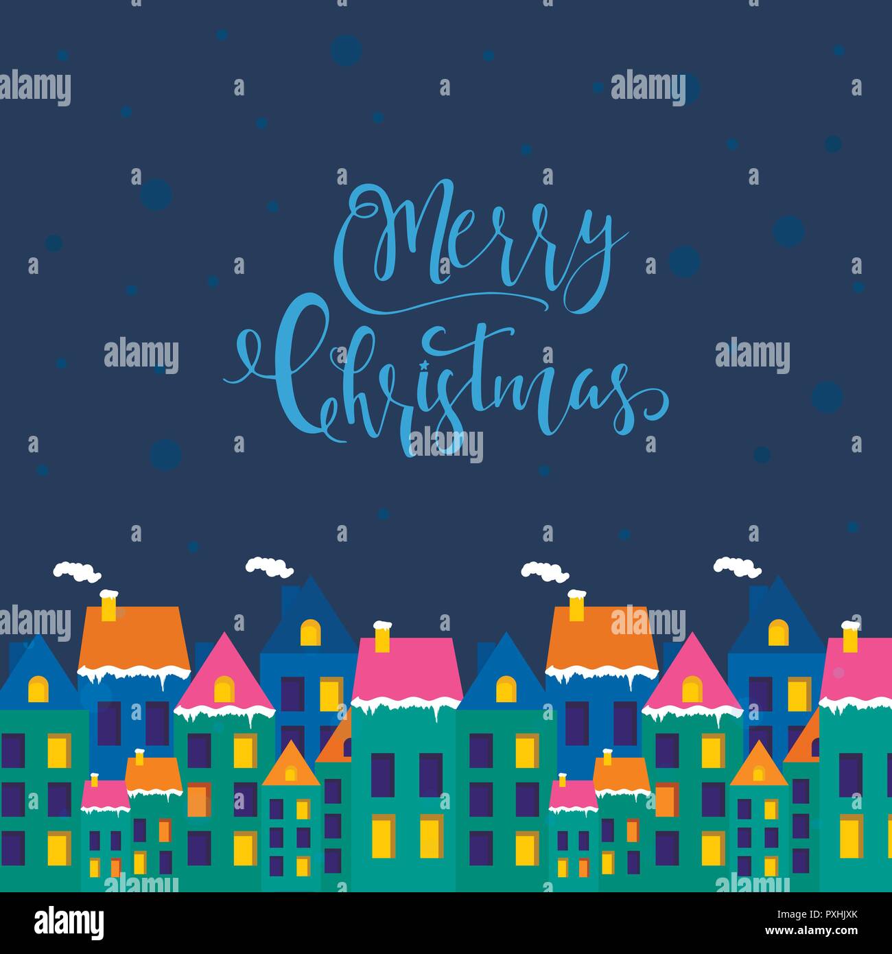 Merry Christmas greeting card con edifici nevoso, case, case con caratteri. Uno stile piatto di icone per presenta, invito, camera per bambini, asili nido Illustrazione Vettoriale