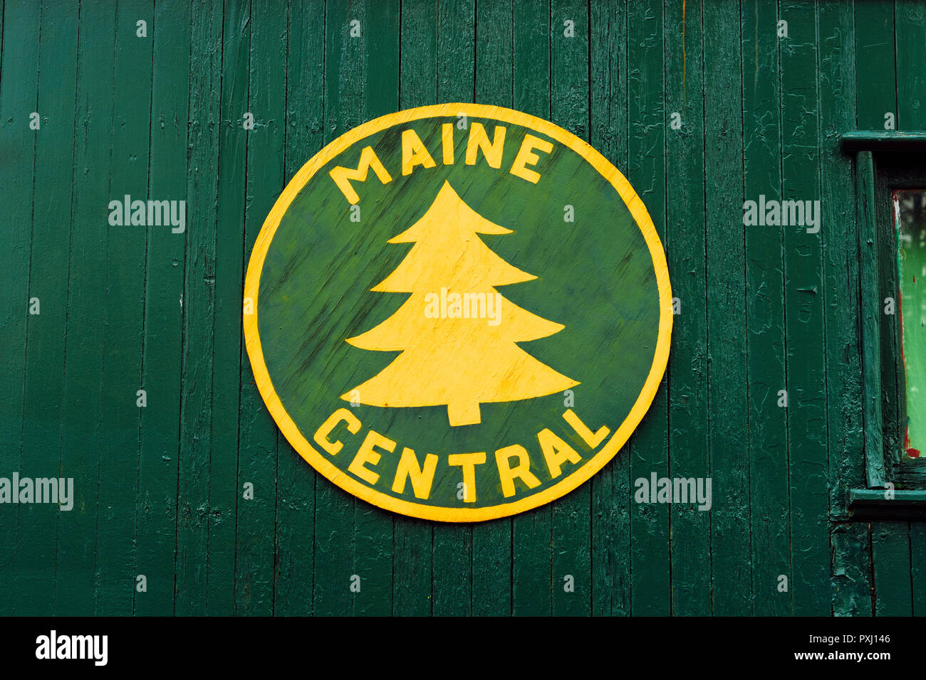 Maine logo centrale su un flanger visualizzato in Conway Scenic Railroad in North Conway, New Hampshire. Foto Stock