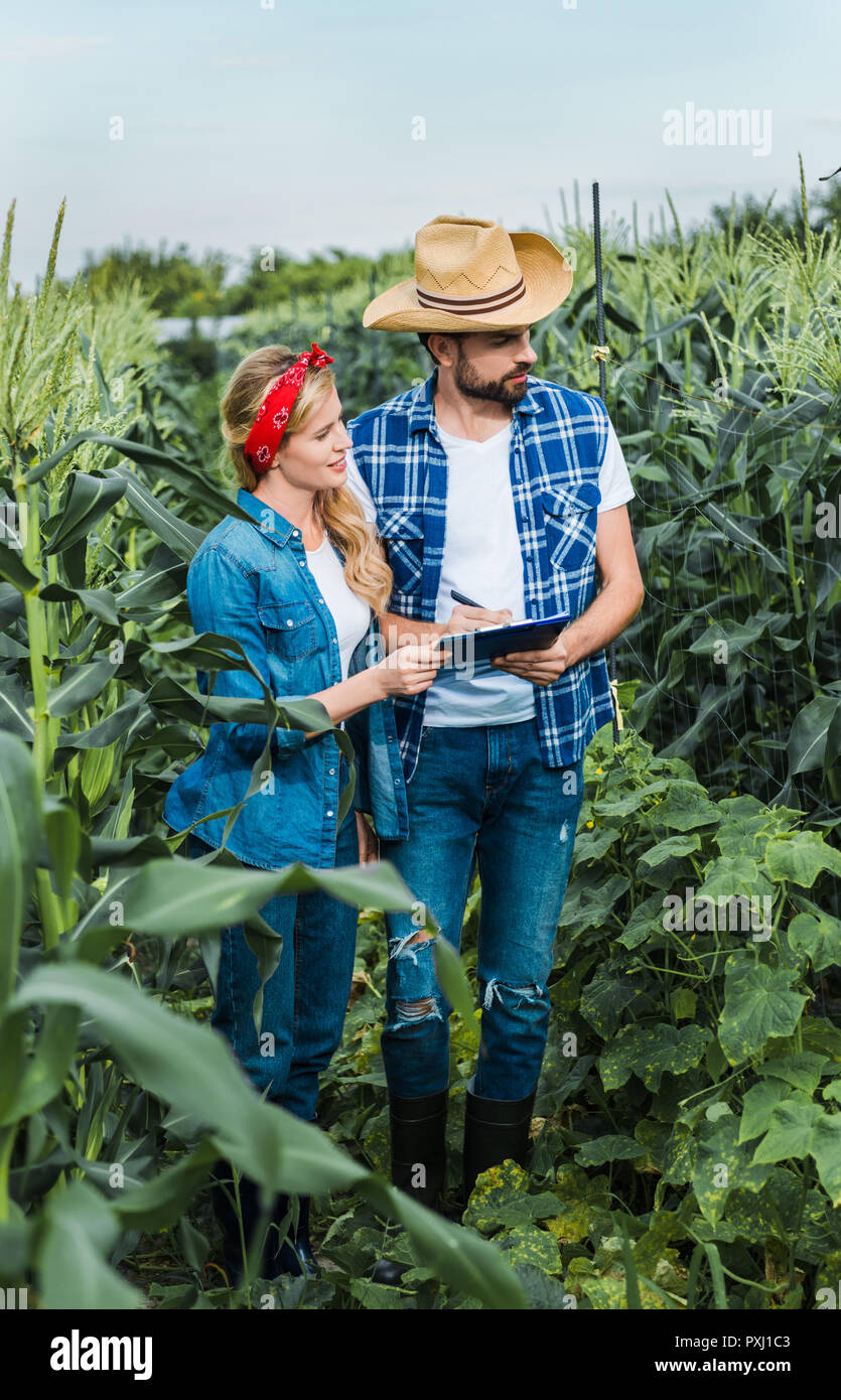 Paio di agricoltori controllo harvest con appunti in un campo a livello di azienda Foto Stock
