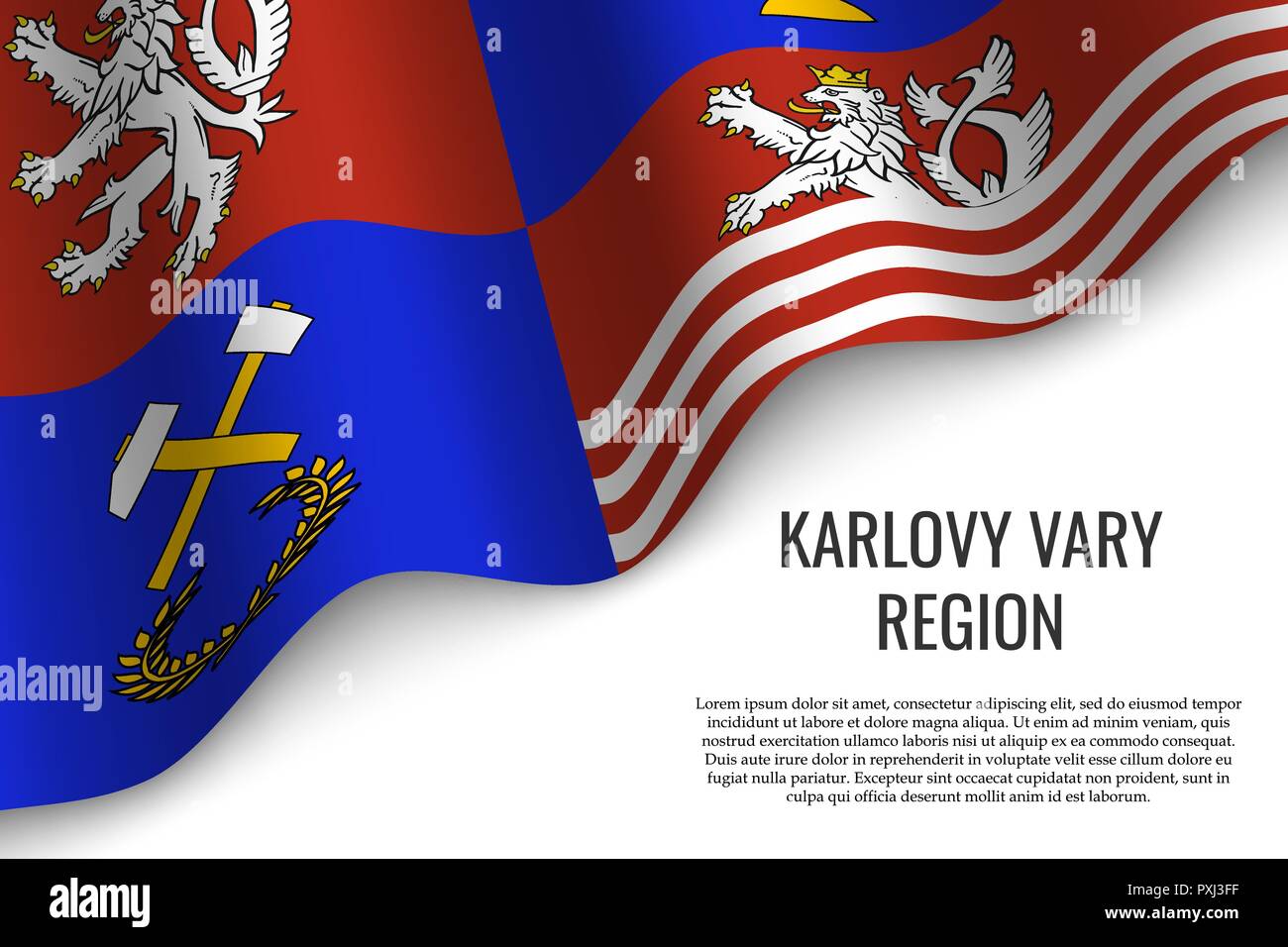 Sventola bandiera della Regione di Karlovy Vary è una regione della Repubblica ceca su sfondo bianco. Modello per banner o poster. Illustrazione Vettoriale