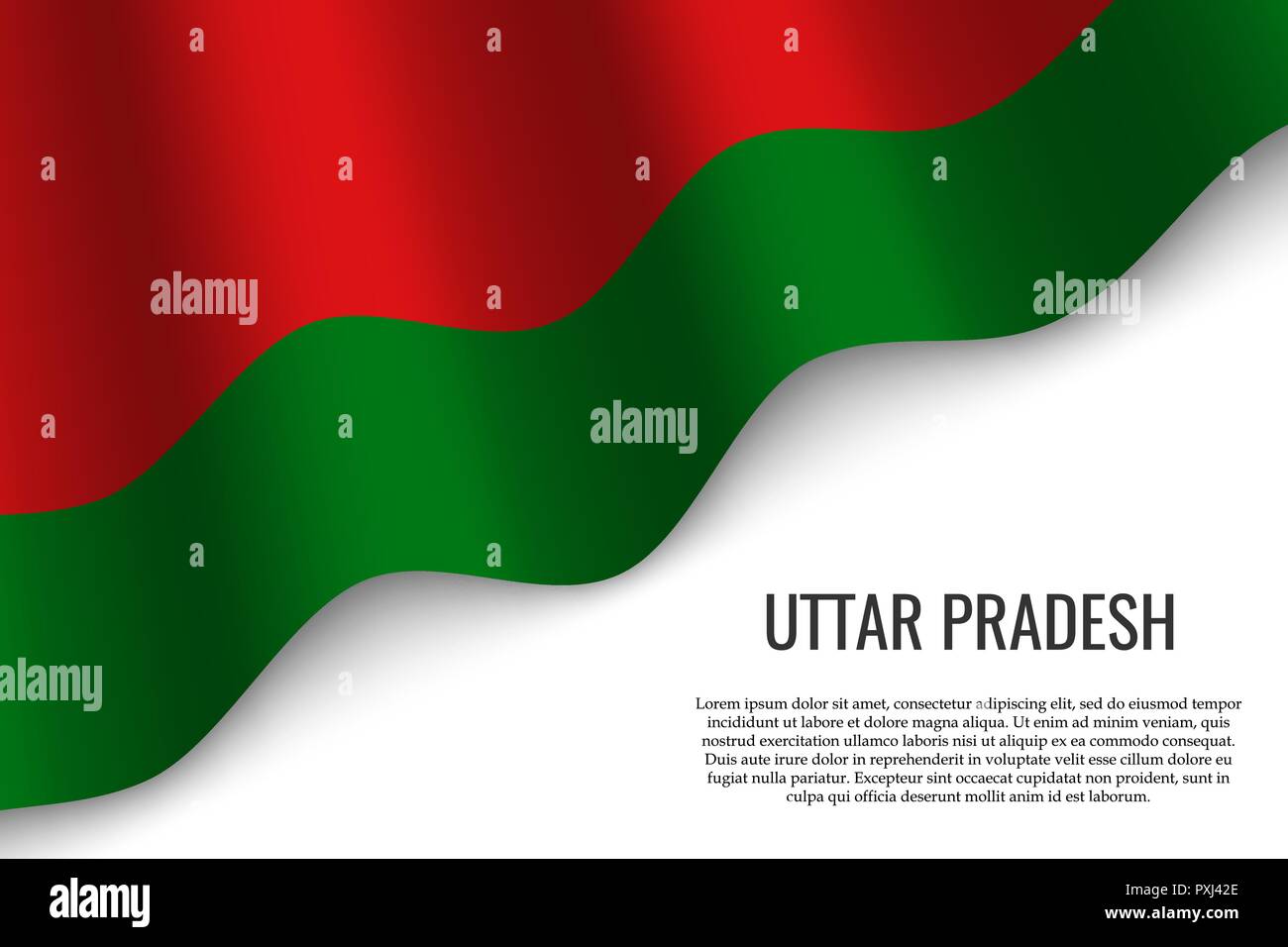 Sventola bandiera di Uttar Pradesh è una regione dell'India su sfondo bianco. Modello per banner o poster. Illustrazione Vettoriale